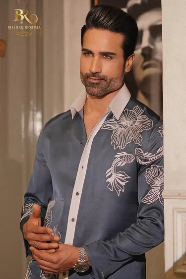 Designer Blue Embroidered Shirt