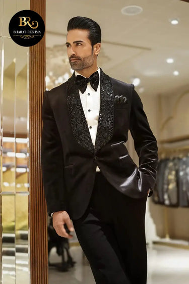 Black Velvet tuxedo with collar embellishment