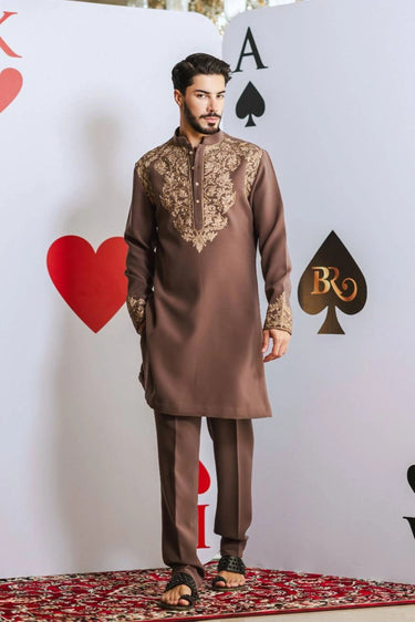 Mocha Heritage Kurta Set – Mocha Brown with Copper Aari Embroidery - Bharat Reshma