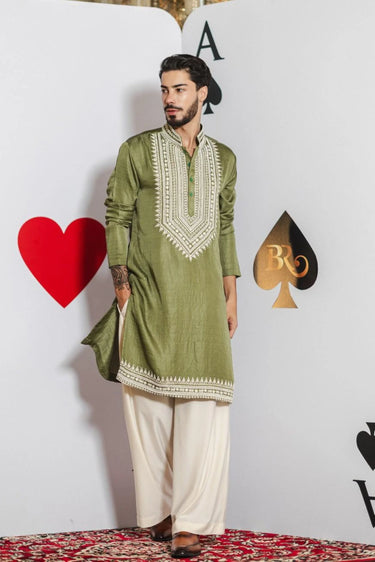 Limerick Glow Kurta Set – Limerick Green with White Hand Embroidery - Bharat Reshma