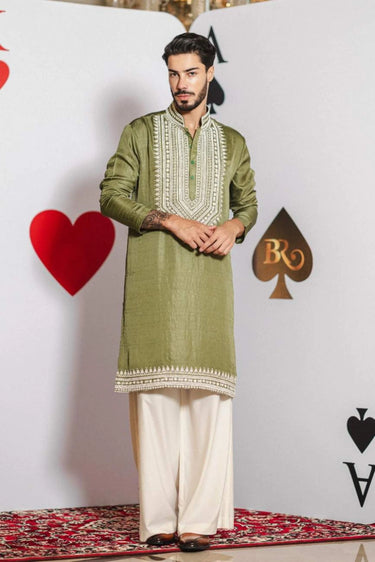 Limerick Glow Kurta Set – Limerick Green with White Hand Embroidery - Bharat Reshma