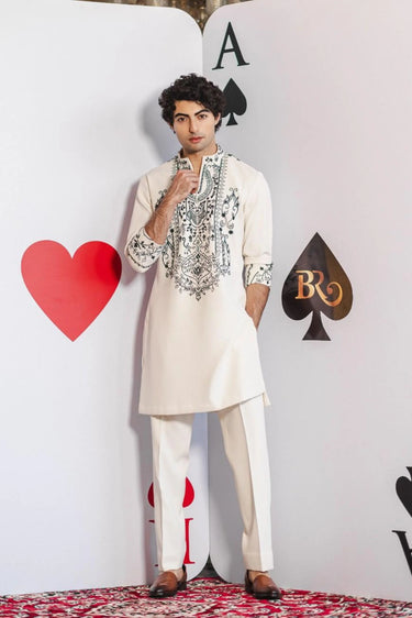 Emerald grace off white kurta set - Bharat Reshma