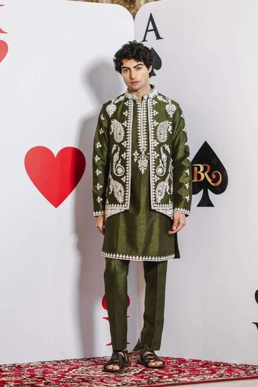 Sufi Green Bundi Set – Seaweed Green with Dori & Hand Embroidery - Bharat Reshma