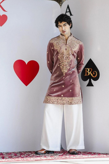 Royal Amethyst Kurta Set – Purple Velvet with Golden Embroidery - Bharat Reshma