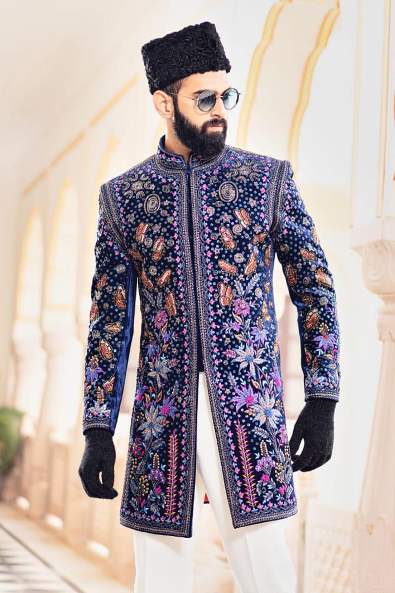 Stylish Kurta Indo Western Kurta Pajama Design For Man Blue Indo