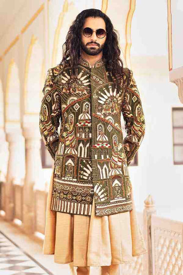 Nawabi Indo-Western Kurta with Multicolour Resham Work