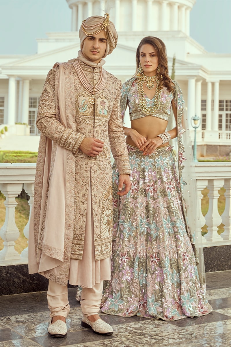 Sherwani North Indian Wedding Dress For Bride And Groom Pink Linen