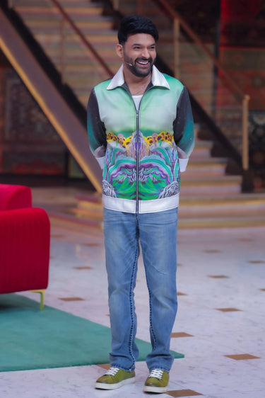 Exclusive Satin Digital Print Zip-Up Jacket Worn by Kapil Sharma - Bharat Reshma