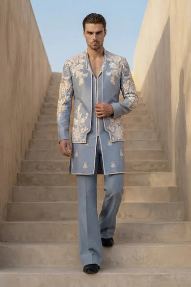 Powder Blue Designer Indo-Western with Floral Embroidery