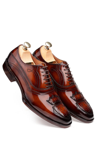 Brown Leather Oxford Shoes with Crest Patch Work - Bharat Reshma