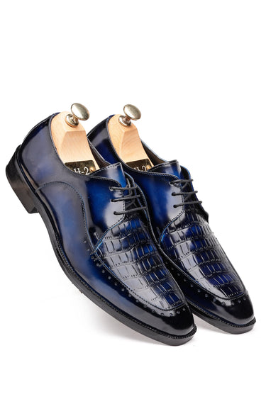 Patina Leather Derby Shoes with Croc-Embossed Texture - Bharat Reshma