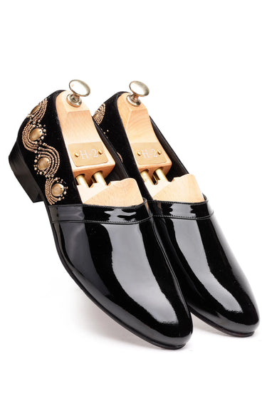 Patent Leather Loafers with Velvet Back & Hand-Embroidered - Bharat Reshma
