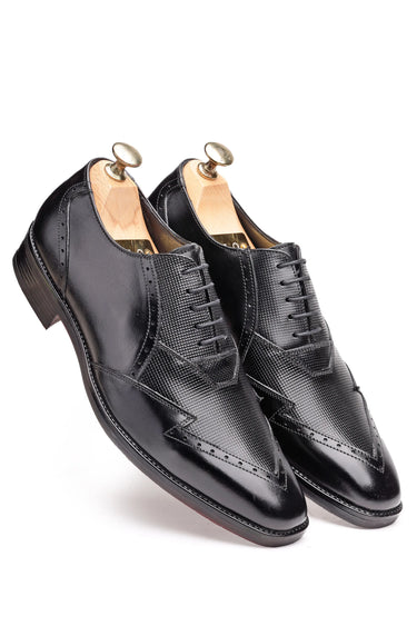Oxblood Leather Oxford Shoes with Wingtip & Micro-Check Detailing - Bharat Reshma