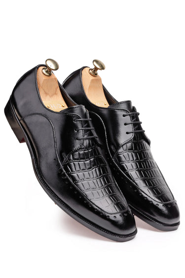 Patina Leather Derby Shoes with Croc-Embossed Texture - Bharat Reshma