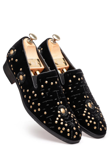 Black Velvet Loafers with Golden Studs & Moti Embellishments - Bharat Reshma