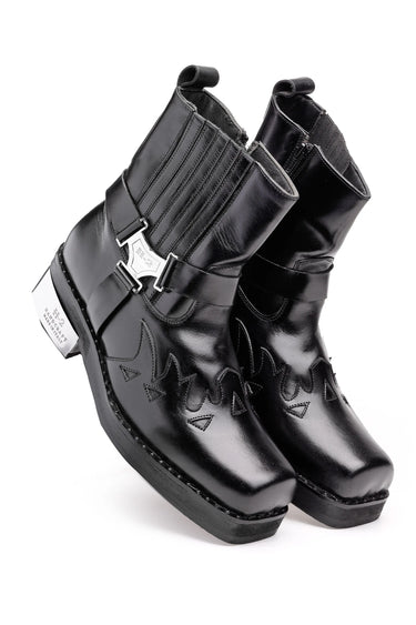 Black Pure Leather Fire-Design Boots with Metal Harness Detail - Bharat Reshma