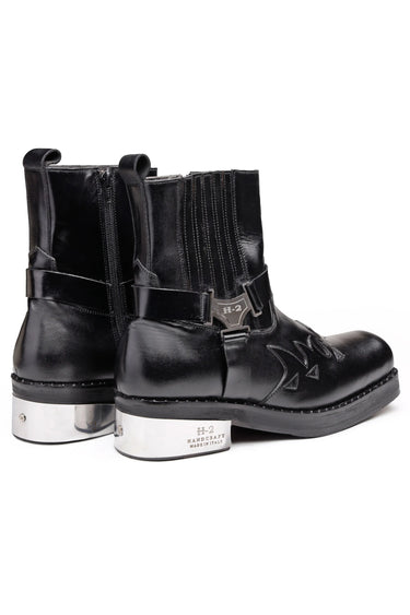 Black Pure Leather Fire-Design Boots with Metal Harness Detail - Bharat Reshma