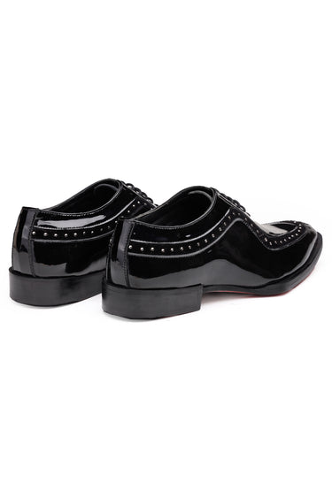 Black Patent Leather Oxford Shoes with Trim line & Stud Detailing - Bharat Reshma
