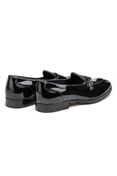 Black Patent Leather Cross-Strap Bit Loafers For Men - Bharat Reshma