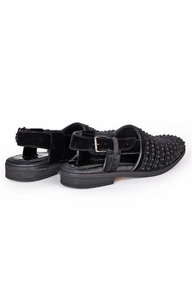 Black Velvet Low-Heel Sandals with Moti & Pearl Hand Embroidery - Bharat Reshma