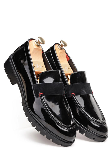 Black Patent Leather Loafers with Velvet Strap Detailing - Bharat Reshma
