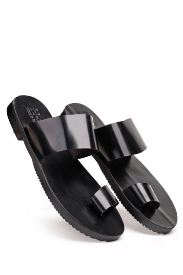 Black Pure Leather Men’s Flat Slippers - Bharat Reshma