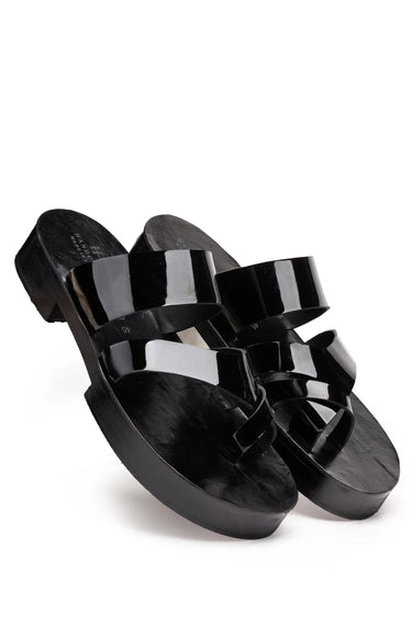 Black Glossy Leather Slippers with Heel - Bharat Reshma