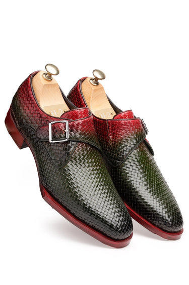 Two-Tone Red & Dark Green Python-Texture Leather Shoes - Bharat Reshma