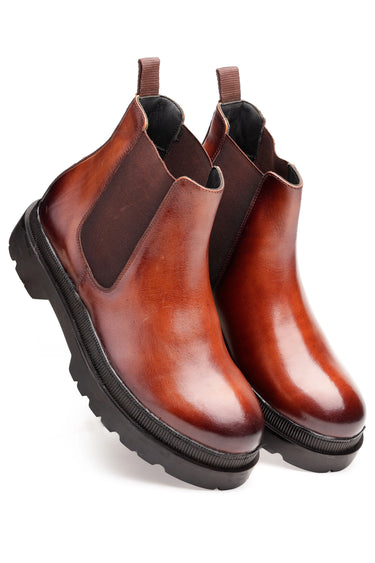 Brown Leather Chelsea Boots with Dual-Tone Finish - Bharat Reshma