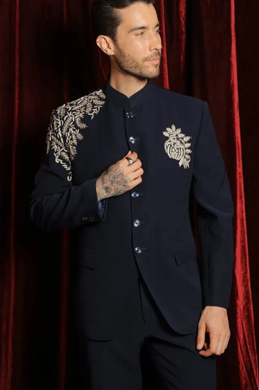 Navy blue crest bandhgala set