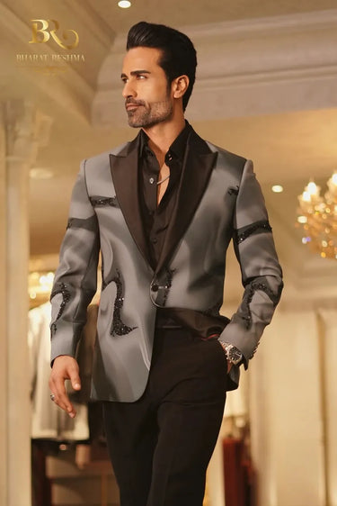 Gray Blazer embellished with Pearls Work