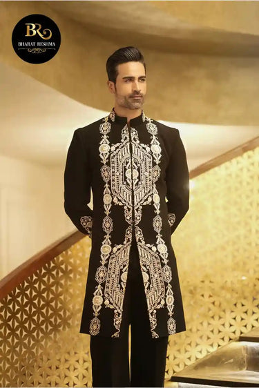 Black Front Open Embroidery Indo-Western