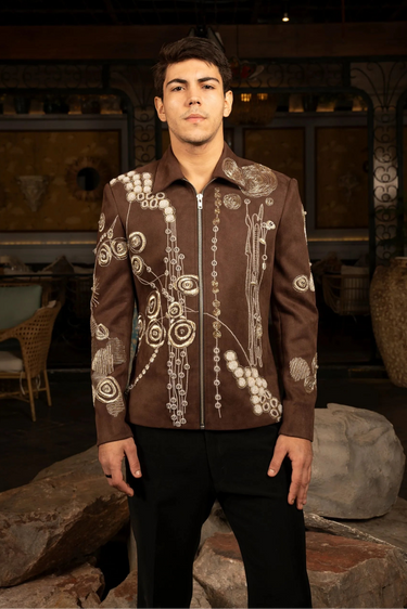 Brown, Grey Embroidered Jacket - Bharat Reshma