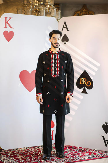 Lucky Card Black Kurta – Magna Fabric with Red & White Embroidery - Bharat Reshma