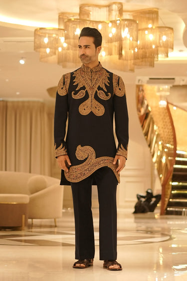 Paisley Navy Blue Kurta Set with Hand Embroidery - Bharat Reshma