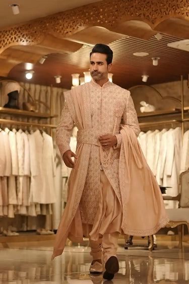 Peach Gulbarga Sherwani with 3D Motif & Pearl Detailing