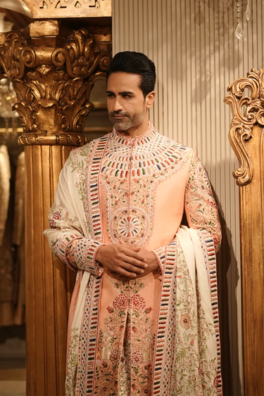 Peach Silk Rang Ras Sherwani with Royal Multicolour Detailing - Bharat Reshma