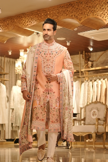 Peach Silk Rang Ras Sherwani with Royal Multicolour Detailing - Bharat Reshma