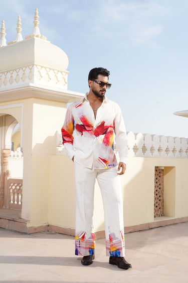 White Digital Print Co-Ord Set for men - Bharat Reshma