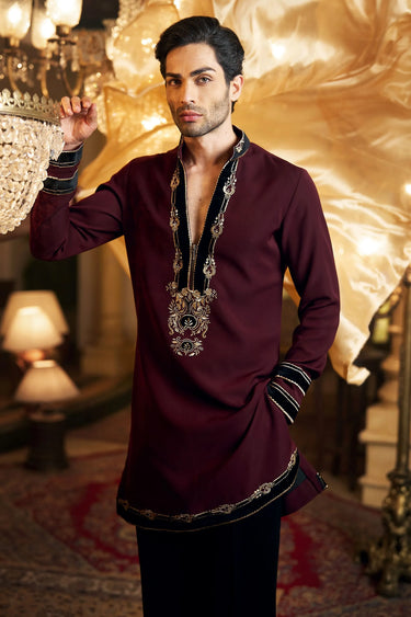 Mahroon Velvet Patch Kurta - Bharat Reshma