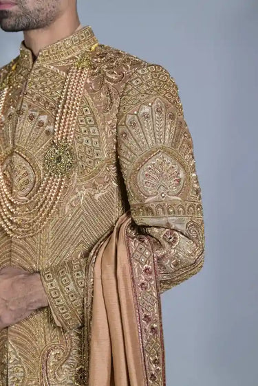 Dark Beige High Collar Silk Sherwani Set