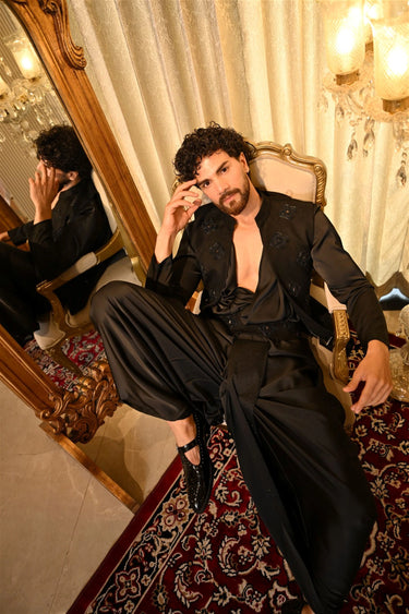 Black Draped Dhoti Bundi Set