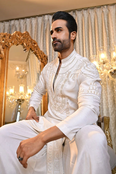 Ivory Sculptural Embroidered Kurta Dhoti