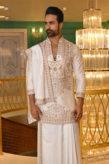 Pearl White Gold-Embroidered Kurta Set