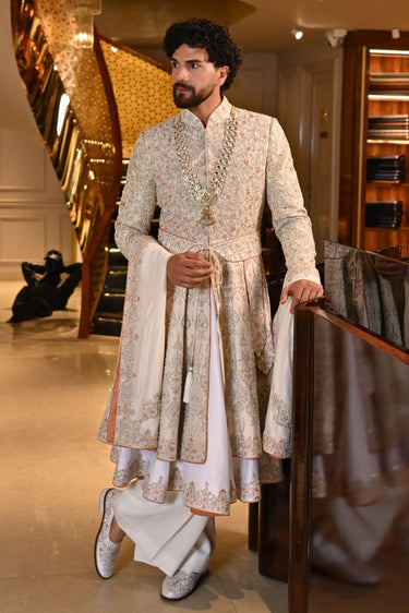 Mughal Heritage Anarkali Sherwani, kurta, pants, belt, stole