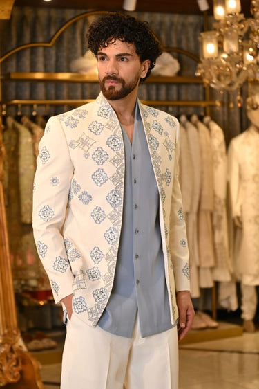 Off White Blue Butta Bandhgala, shirt kurta, trousers