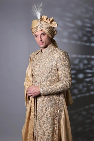 Golden Sand Sherwani – Royal Embroidery & Maharaja Illusion Neckline