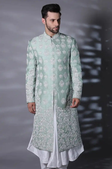 Jade Green Sherwani with Ivory Motifs & Floral Design