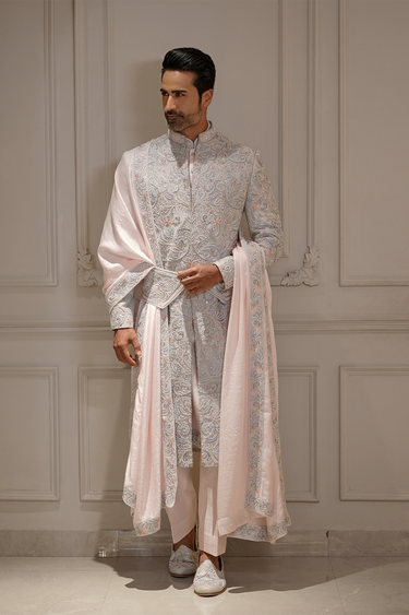 Majesty Hand-Embroidered Pastel Sherwani Set - Bharat Reshma