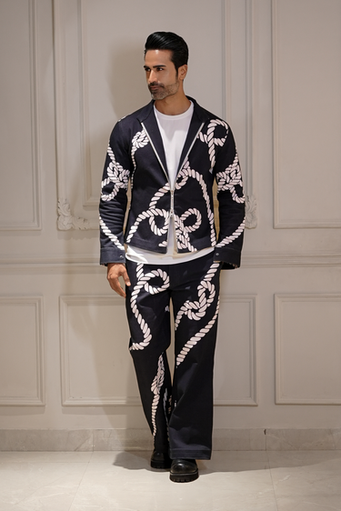 Blue Denim with Ivory Rope Print Co-ord Set - Bharat Reshma